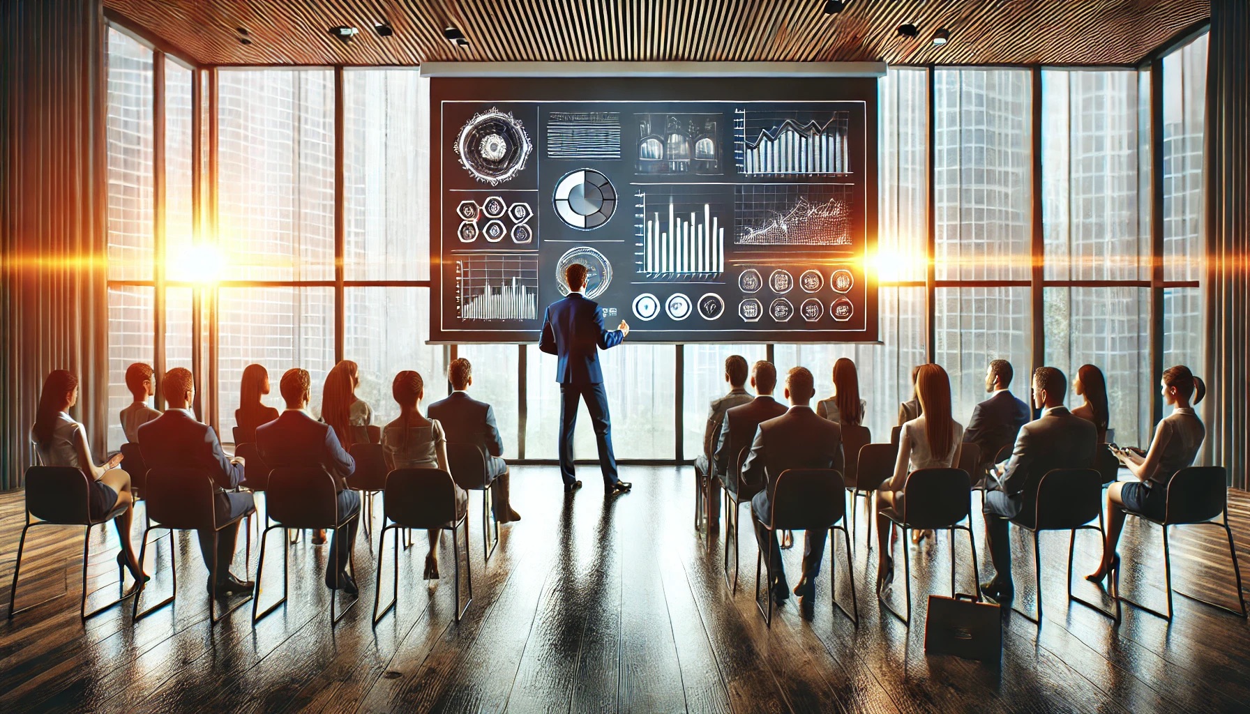 Die Struktur eines Pitches - Symbolbild. Das Bild zeigt eine Person die eine Präsentation vor einem großen Monitor und einer Gruppe anderer Leute, die auf Stühlen sitzen, hält.